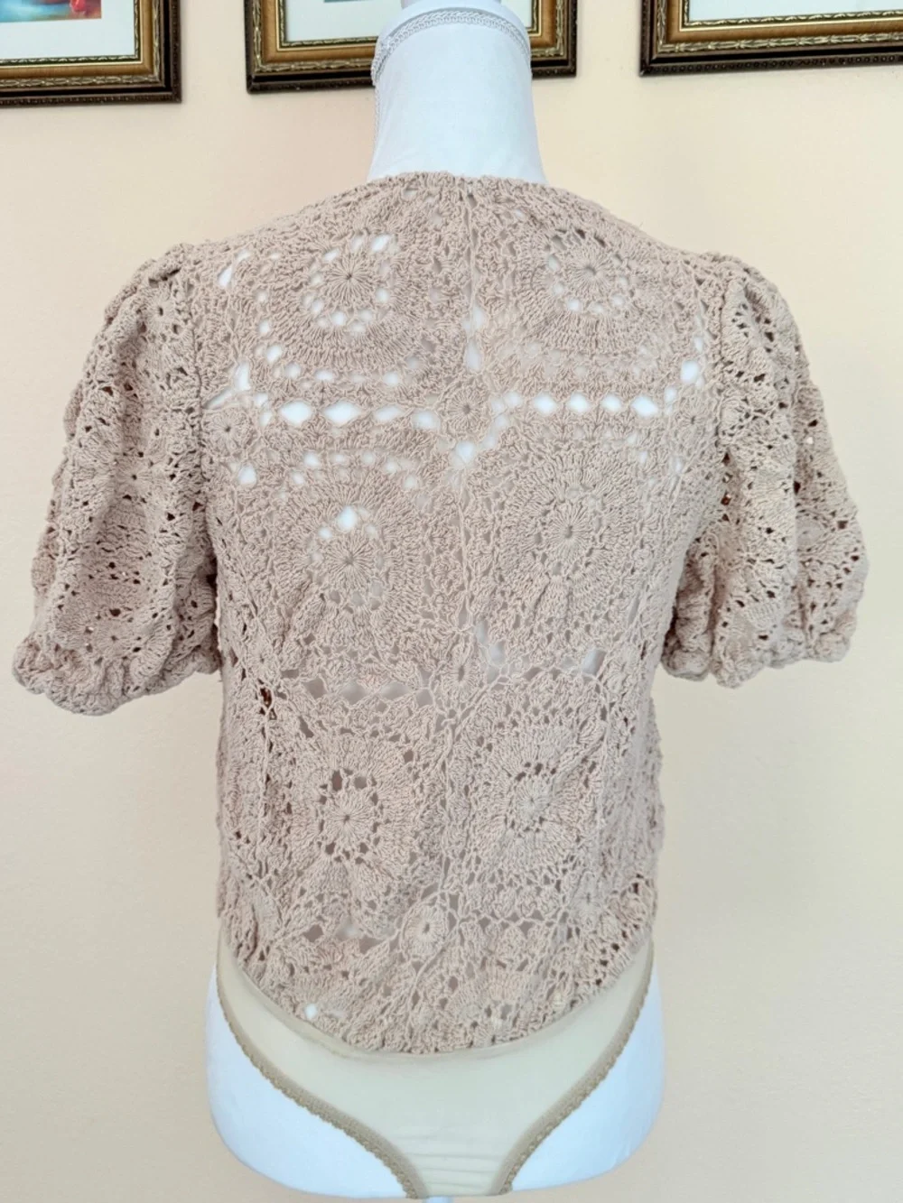 FREE PEOPLE Crochet V-Neck Bodysuit in Soft Blush Beige Boho Top Festival Blouse